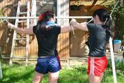 Jill tied and gagged by her friend in shiny nylon shorts