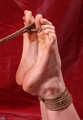 Cleavegagged barefoot Patricia, hogtied with her elbows touching and with her big toes tied to her hair tie