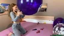 girlfriend pops your big balloons with wooden stick, fingernails and lighter