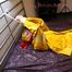 Pia tied and gagged in bed in a yellow rainsuit and a red gag