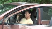 Jenna tramples on the pedal and slave sucks on the gas