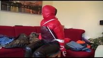 Jill tied, gagged and hooded on a chair wearing two downjackets for breath control play (Video)